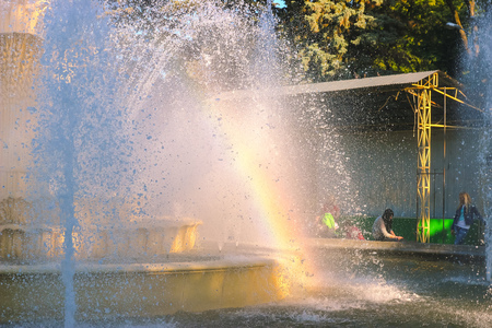 fountain stream in the evening at parkの写真素材