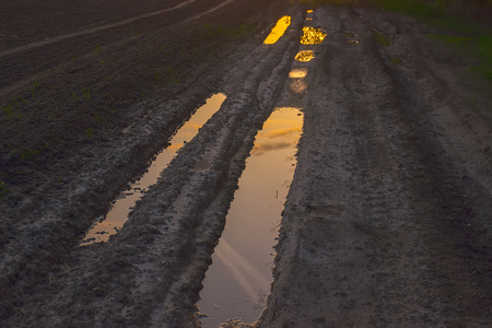 photo of rural road with puddles in the eveningの写真素材