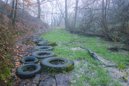 a lot of tires polluted water in the forestの写真素材