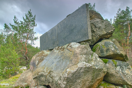 granite stones with the empty signboard at eveningの写真素材