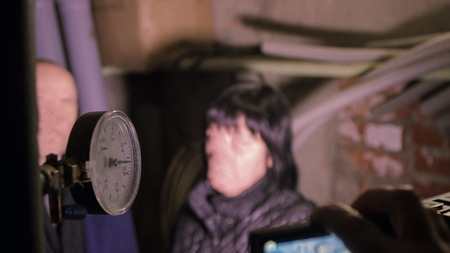 Old vintage counter and alarm clocks on the shelfの写真素材