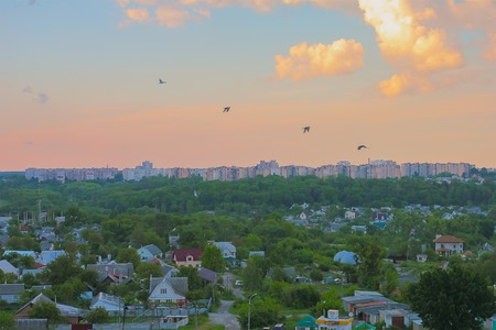 Evening in spring town with bright lightsの写真素材