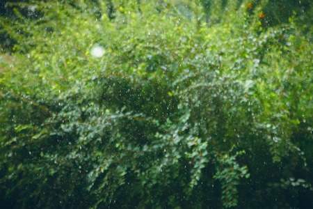 heavy rain drops falling on city street during downpourの写真素材
