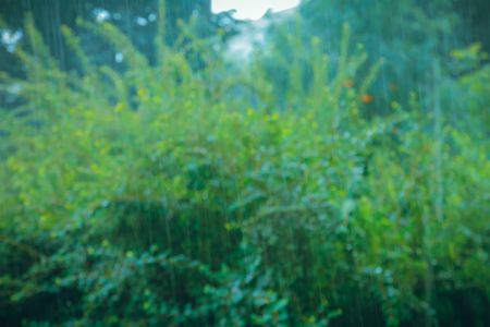 heavy rain drops falling on city street during downpourの写真素材