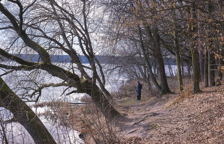Zhytomyr, Ukraine - October 15, 2015: Portrait of a wise old man sitting under tree in the autumn forestのeditorial素材