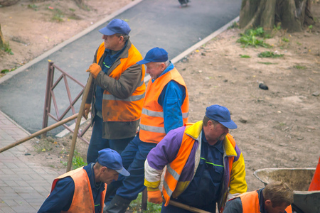 Zhytomyr, Ukraine - October 05, 2017: view of construction workers ready to work outdoorsのeditorial素材