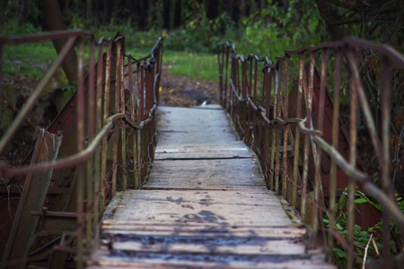 A wooden bridge with rusty metal handrail in a park, a path in to the wood. Begin a journey concept.の写真素材