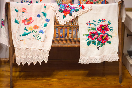 Authentic laundry line. Clean towels hanging dryingの写真素材