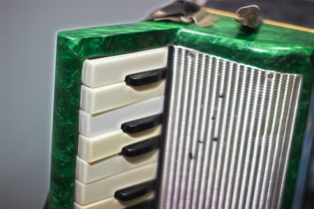 small green children accordion toy on white backgroundの写真素材