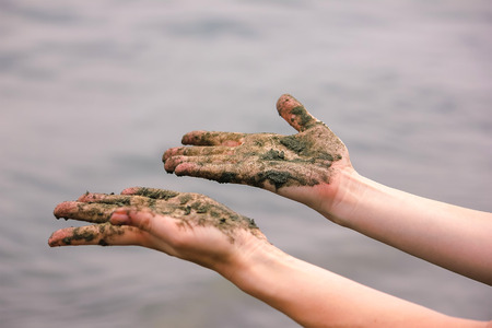 Close up of hands with wet sandの写真素材