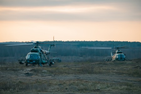 aircraft helicopter at evening sky on the groundの写真素材