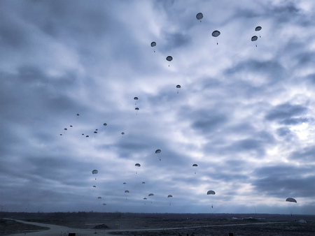 Parachute Jump military skydiving land battlefield cold autumn soldiers Parachute Jump military...