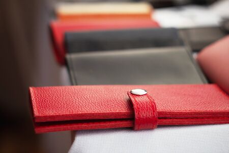 Set of hand made leather man wallet. Leather craft.の写真素材