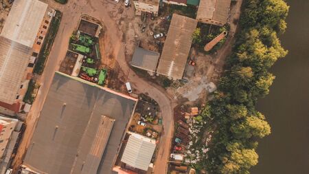 Aerial view of warehouse storages or industrial factory or logistics center from above. Aerial view...