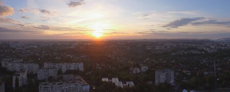 Aerial view of sunset in Zhytomyr city, Ukraine. Great sunrise scene. Fantastic landscape.の写真素材