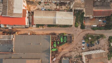 Aerial view of warehouse storages or industrial factory or logistics center from above. Aerial view...