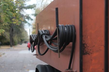 Firefighters car equipment at the evening parkの写真素材