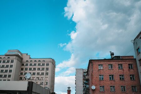 Vintage architecture classical facade building Stalin's empire style. Front view close up. Sunrise morningの写真素材
