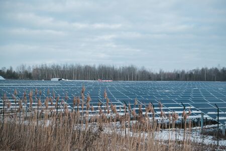 Solar Panel Farm Footage Concept at winter landscapeの写真素材
