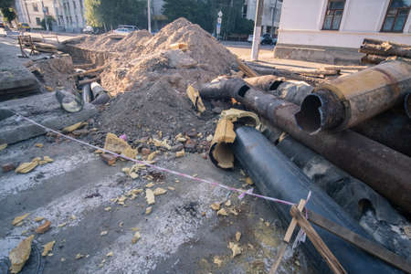 Repair and replacement of city sewer on the street.の写真素材