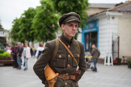 Zhytomyr, Ukraine - April 23, 2021: Portret of man in the form of fighters of the Ukrainian insurgent army at a historical festival on the anniversary of the end of the Second World Warのeditorial素材