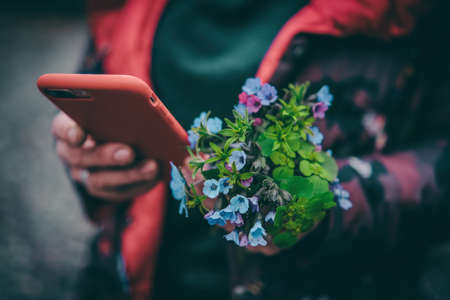 The girl holds a bouquet of wildflowers in one hand and a smartphone in other.の写真素材