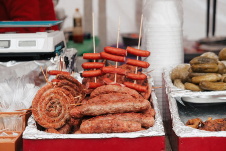 Variety of sausage products at the counter.の写真素材
