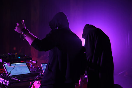 Dancing silhouette of man at the techno party.の写真素材
