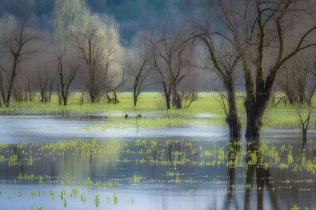 Spring flood. The deluge transforms the once picturesque valley into a scene of destruction, with trees and homes submerged in rushing water. Generative AIの素材