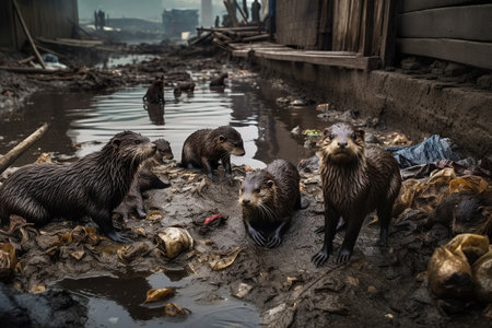 A family of otters navigate a polluted urban river district. Despite the contaminated water, these playful and agile animals continue to thrive and survive in their urban habitat.の素材