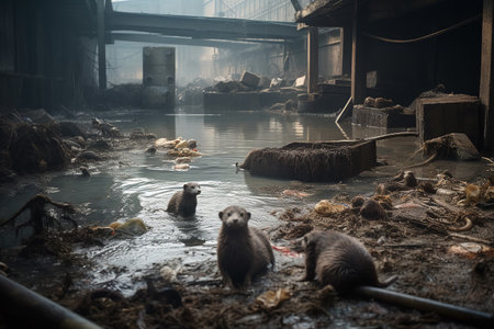 A family of otters navigate a polluted urban river district. Despite the contaminated water, these playful and agile animals continue to thrive and survive in their urban habitat.の素材