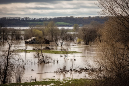 Spring flood. The deluge transforms the once picturesque valley into a scene of destruction, with trees and homes submerged in rushing water. Generative AIの素材