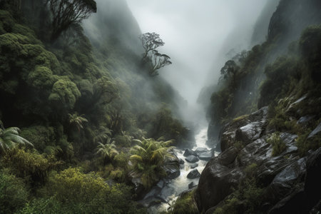 Stunning shot of a towering waterfall, its mist and spray filling the air and creating a mesmerizing sight. Generative AIの素材