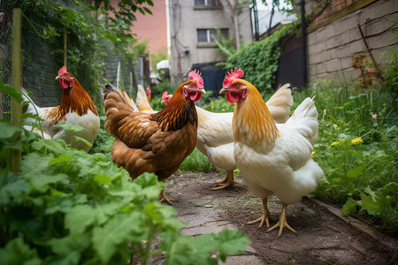 Urban chicken walking around the yard. Generative AI.の素材