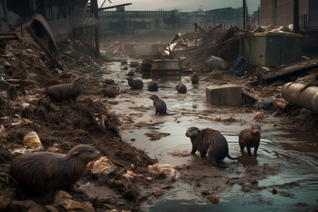 A family of otters navigate a polluted urban river district. Despite the contaminated water, these playful and agile animals continue to thrive and survive in their urban habitat.の素材