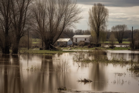 Spring flood. The deluge transforms the once picturesque valley into a scene of destruction, with trees and homes submerged in rushing water. Generative AIの素材