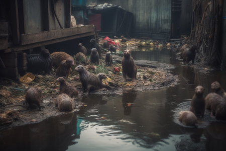 A family of otters navigate a polluted urban river district. Despite the contaminated water, these playful and agile animals continue to thrive and survive in their urban habitat.の素材
