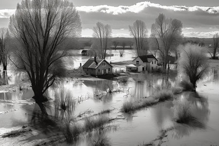 Spring flood. The deluge transforms the once picturesque valley into a scene of destruction, with trees and homes submerged in rushing water. Generative AIの素材