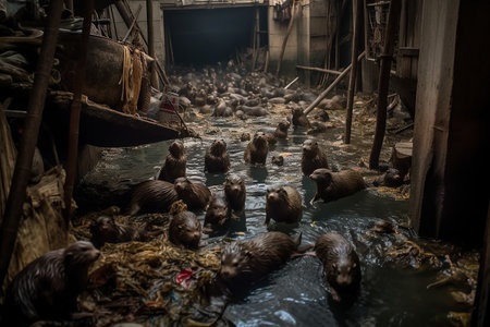 A family of otters navigate a polluted urban river district. Despite the contaminated water, these playful and agile animals continue to thrive and survive in their urban habitat.の素材