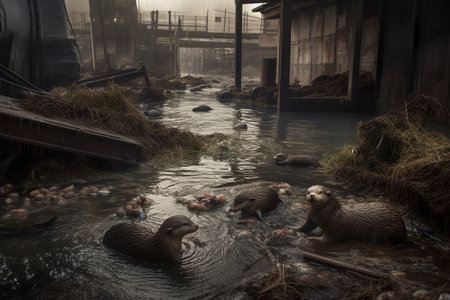A family of otters navigate a polluted urban river district. Despite the contaminated water, these playful and agile animals continue to thrive and survive in their urban habitat.の素材