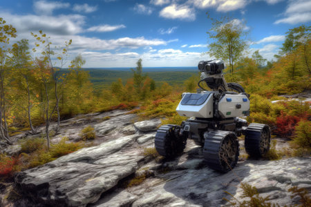 A journey of robot as it explores the remote wilderness, equipped with advanced sensors to navigate the rugged terrain. Generative AIの素材
