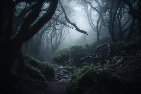Deep misty tropical jungle in darkness. Generative AI.の素材