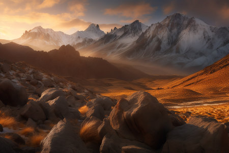 Astonishing mountain peaks at sunrise. Generative AI.の素材