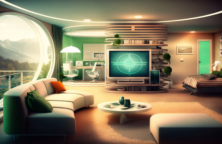 Smart Homes: Living in the Future Immersive Entertainment Experiences, Enhanced Daily Life Through the Power of Integrated Devices, Voice Commands, and Ambient Lighting. Generative AI.の素材