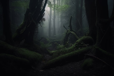 Deep misty tropical jungle in darkness. Generative AI.の素材