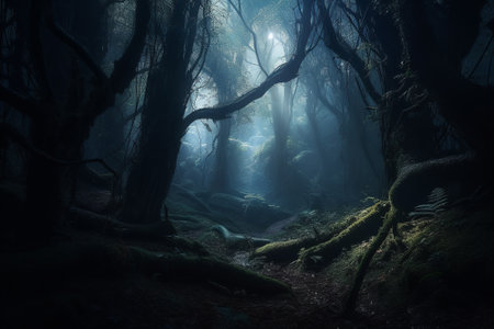 Deep misty tropical jungle in darkness. Generative AI.の素材