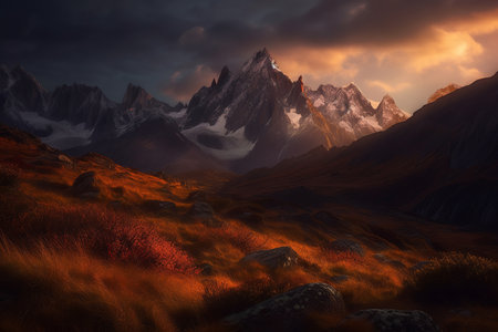 Astonishing mountain peaks at sunrise. Generative AI.の素材