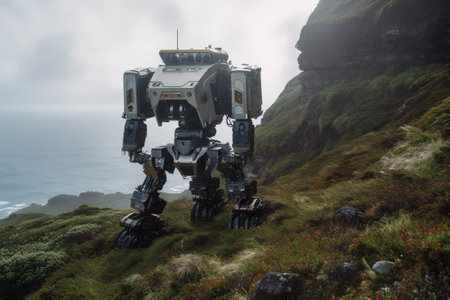 A journey of robot as it explores the remote wilderness, equipped with advanced sensors to navigate the rugged terrain. Generative AIの素材