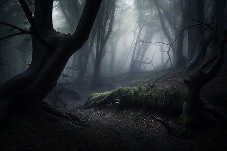Deep misty tropical jungle in darkness. Generative AI.の素材
