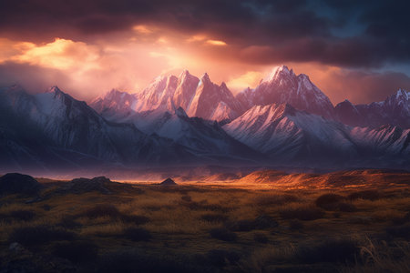 Astonishing mountain peaks at sunrise. Generative AI.の素材